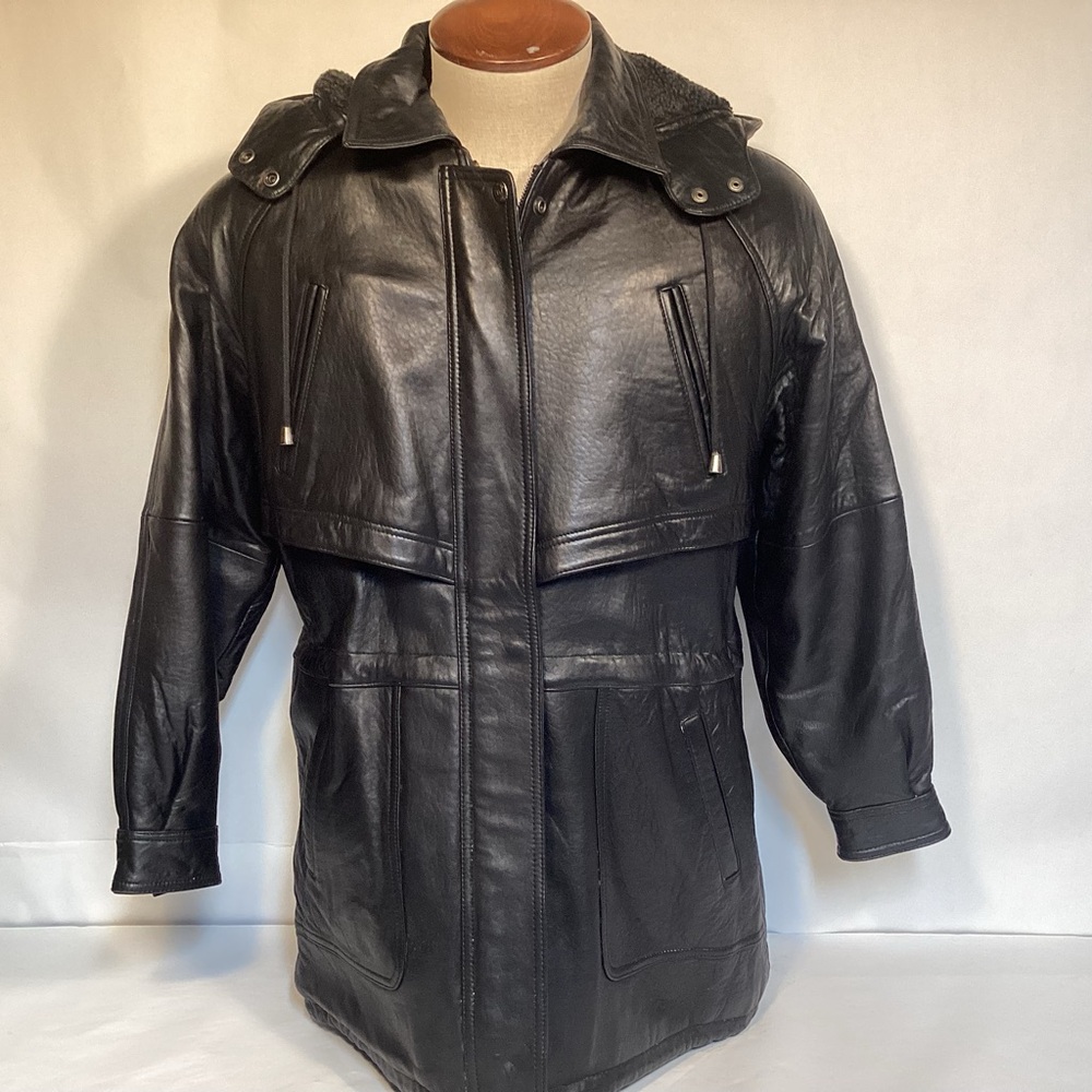Black Leather Men’s jacket with removable Hood by Tanners Avenue size medium